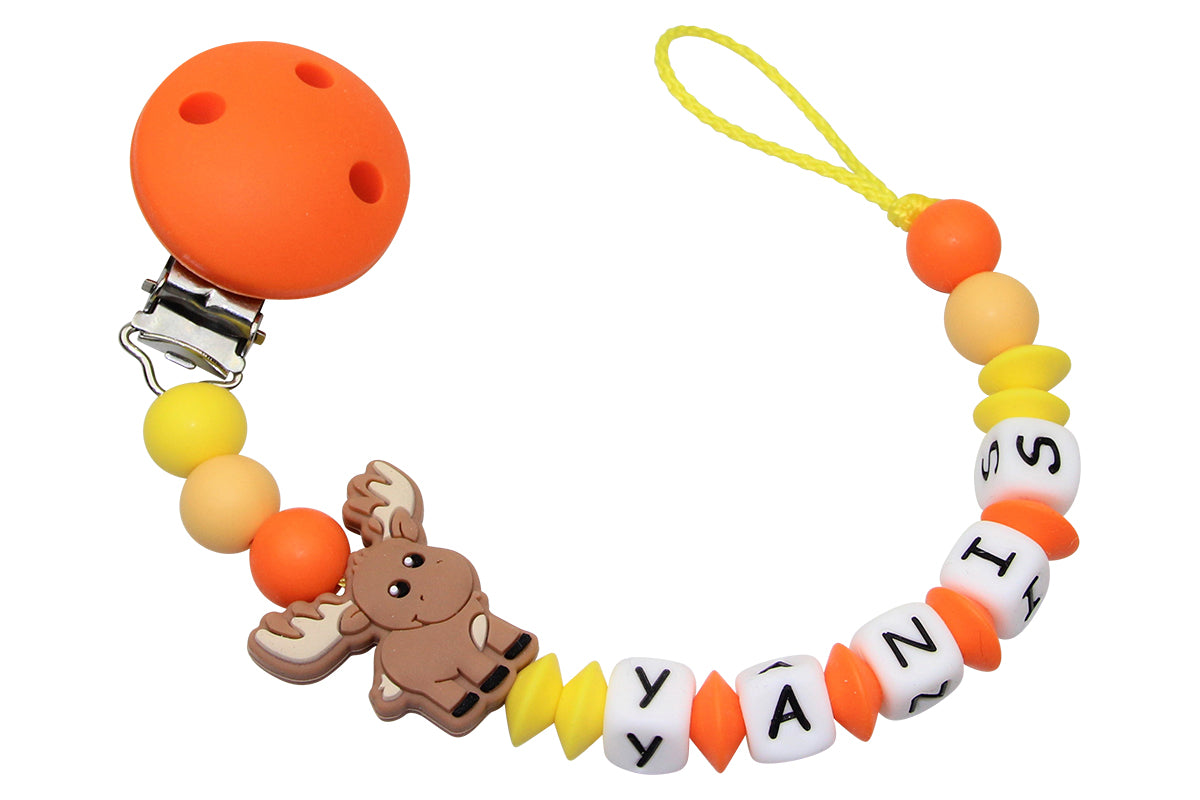 Silicone pacifier chain with name moose orange:yellow