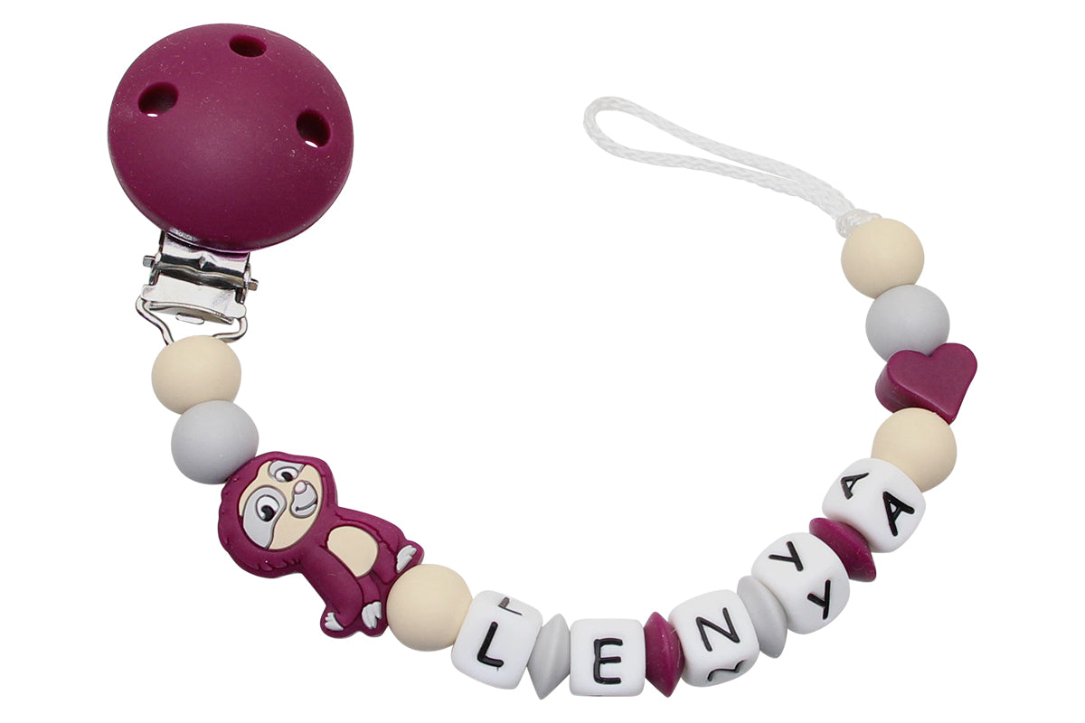 Silicone pacifier chain with name sloth red wine:beige