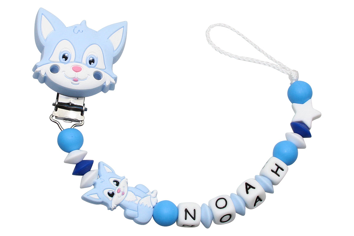 Silicone pacifier chain with name fox clip pastel blue