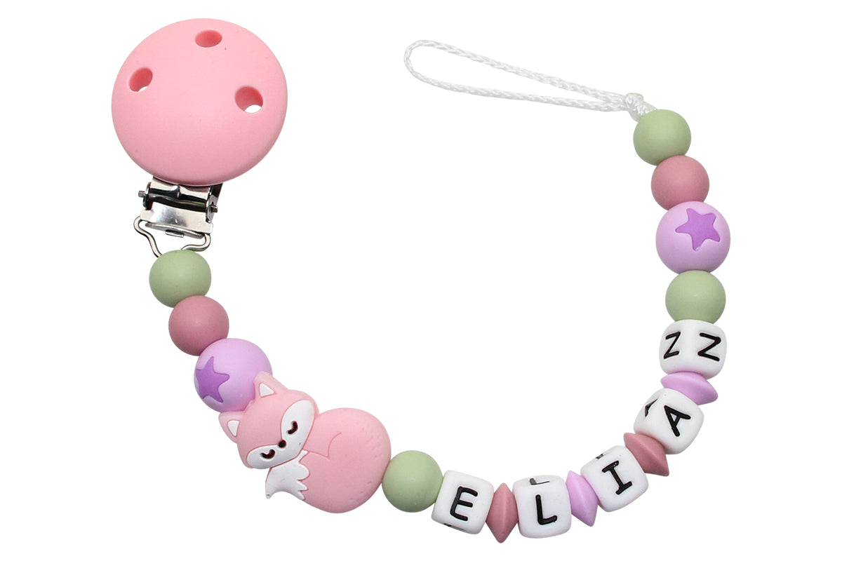 Silicone pacifier chain with name fox pastel pink:lime green