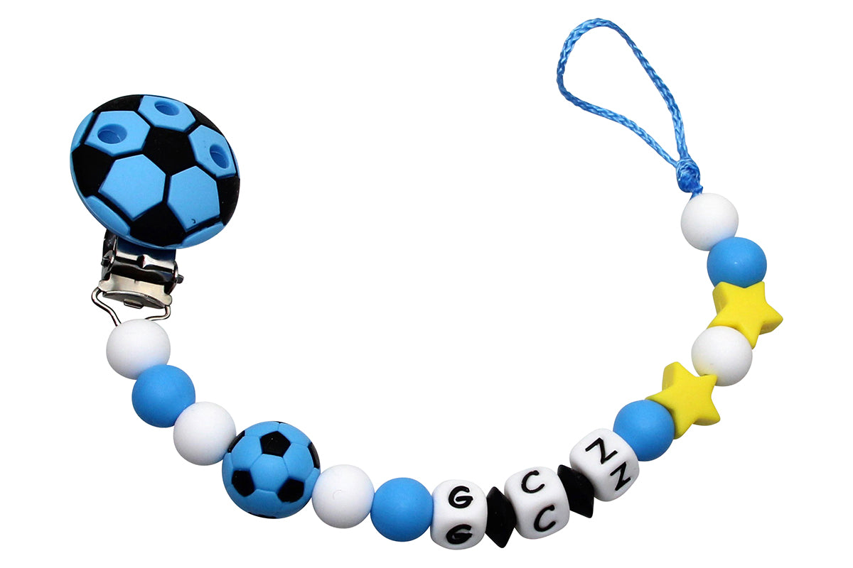 Silicone pacifier chain with name football light blue:white