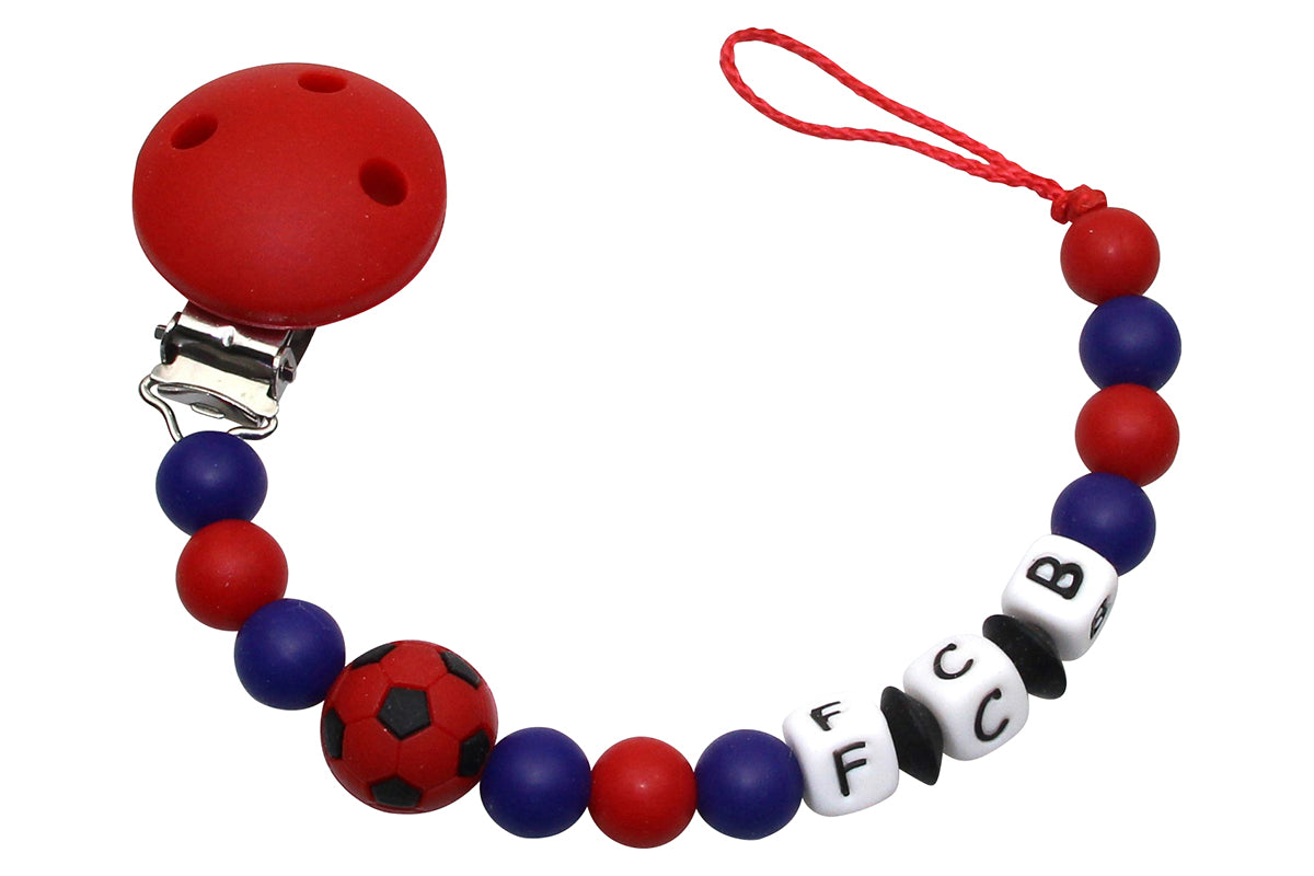Silicone pacifier chain with name football red:dark blue