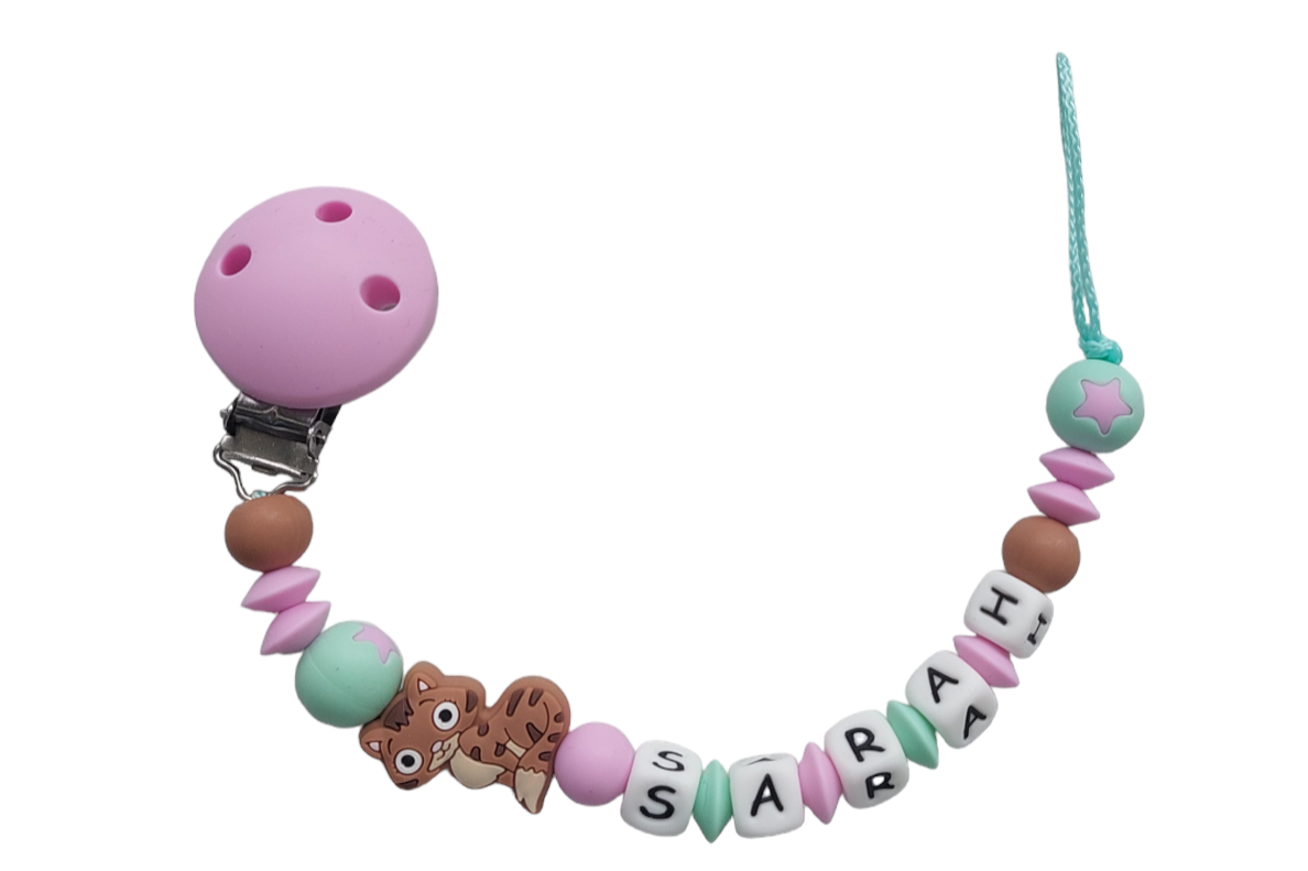 Silicone pacifier chain with name cat pale pink:camel