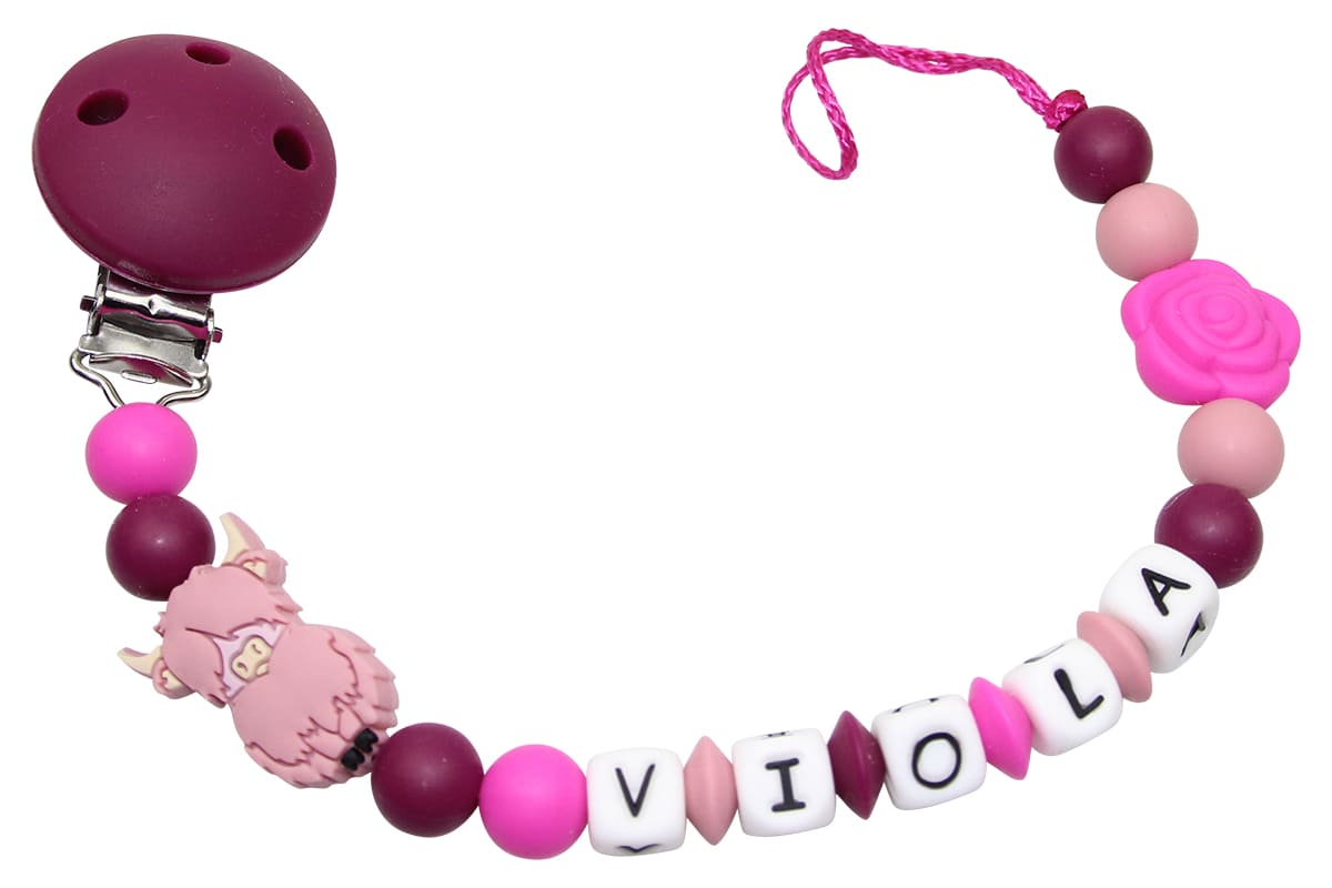 Silicone pacifier chain with name Highland cow red wine:blush