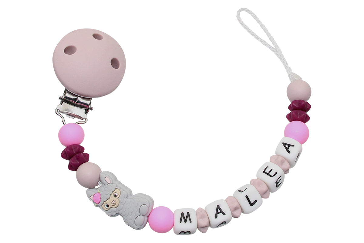 Silicone pacifier chain with name Lama rose brown:pink