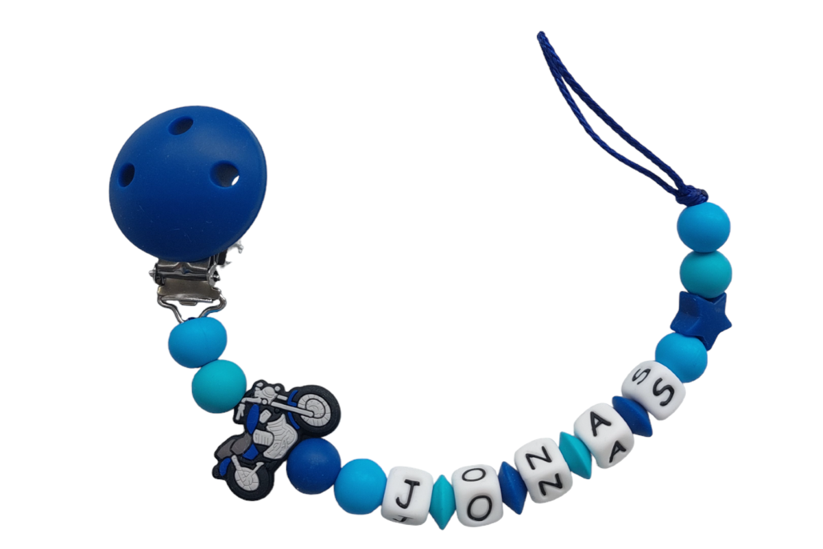 Silicone pacifier chain with name motorcycle royal blue