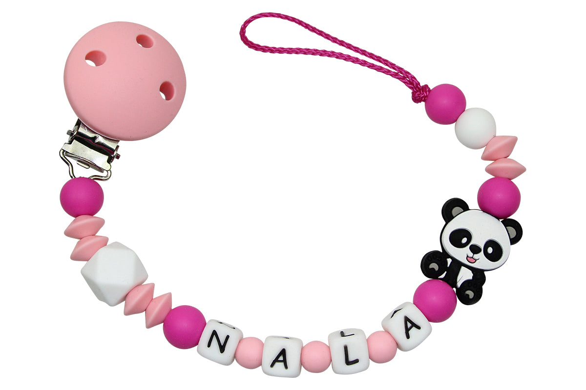 Silicone pacifier chain with name panda pastel pink:dark pink