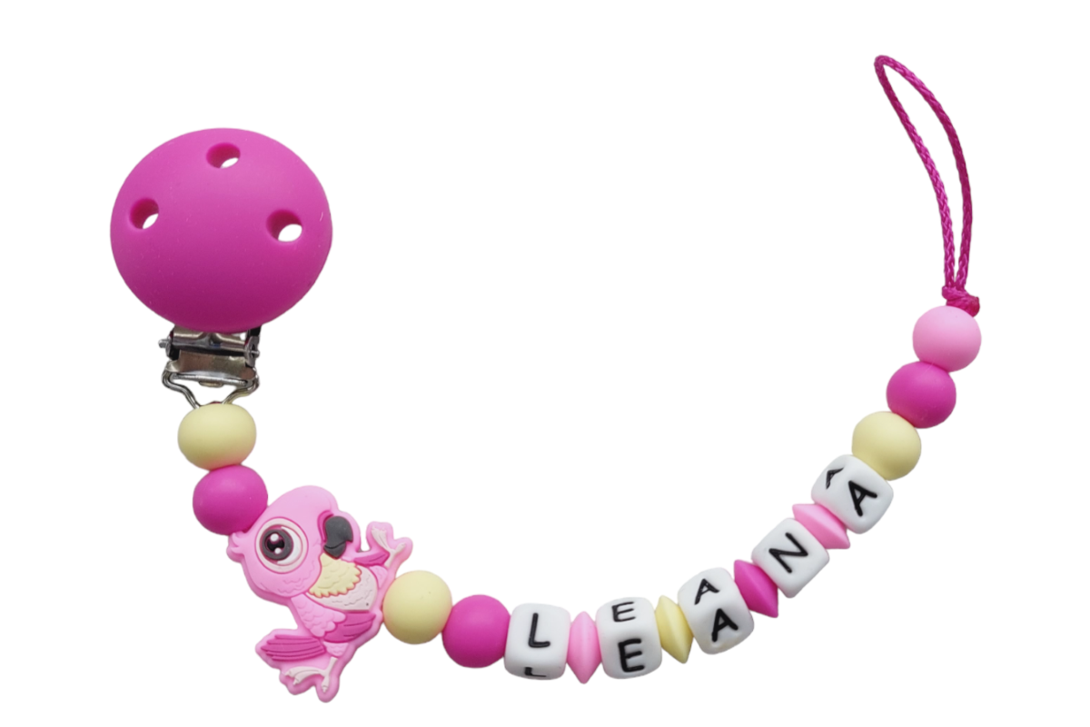 Silicone pacifier chain with name parrot dark pink