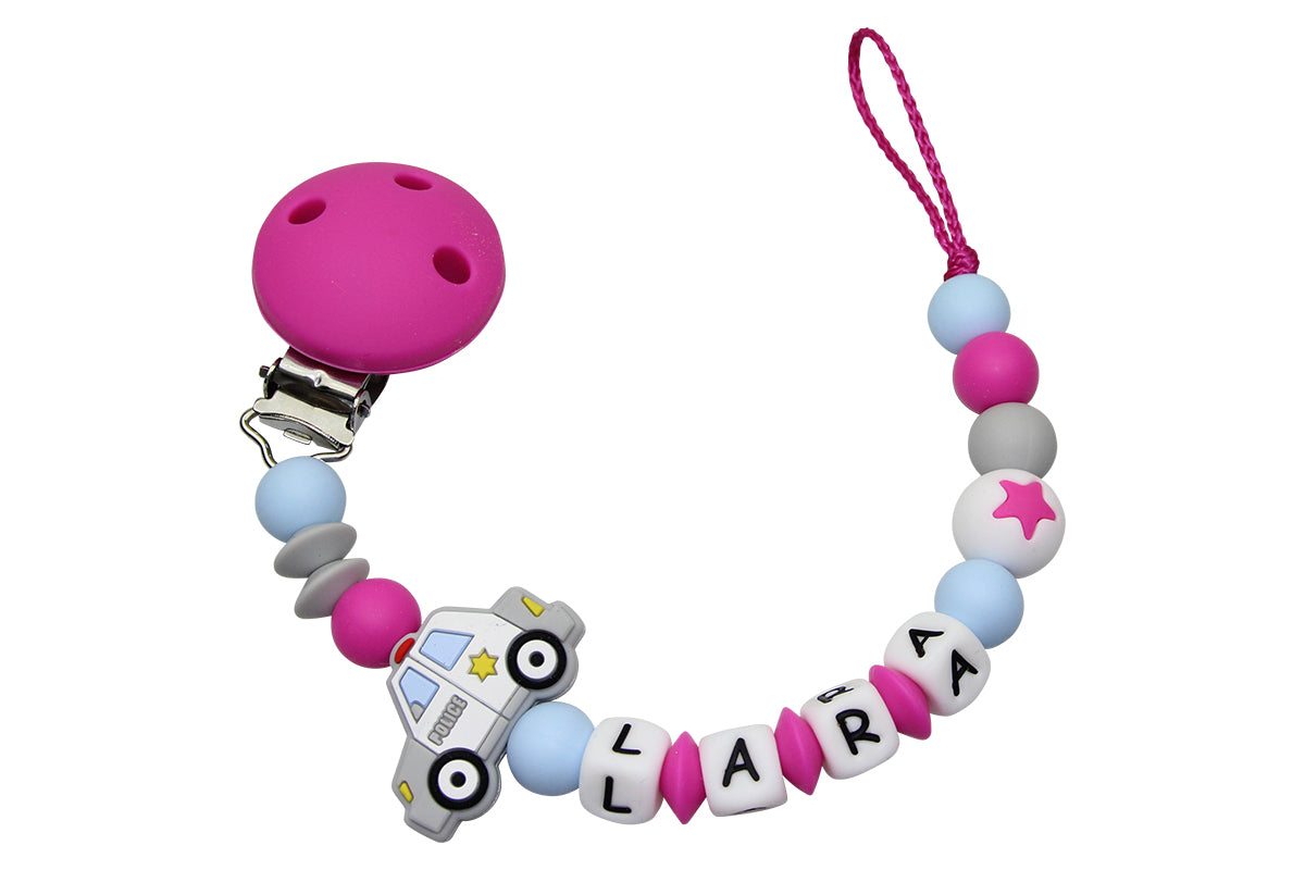 Silicone pacifier chain with name police car dark pink