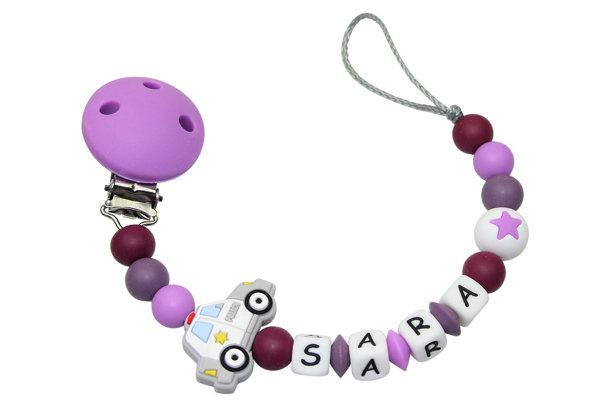 Silicone pacifier chain with name police car purple