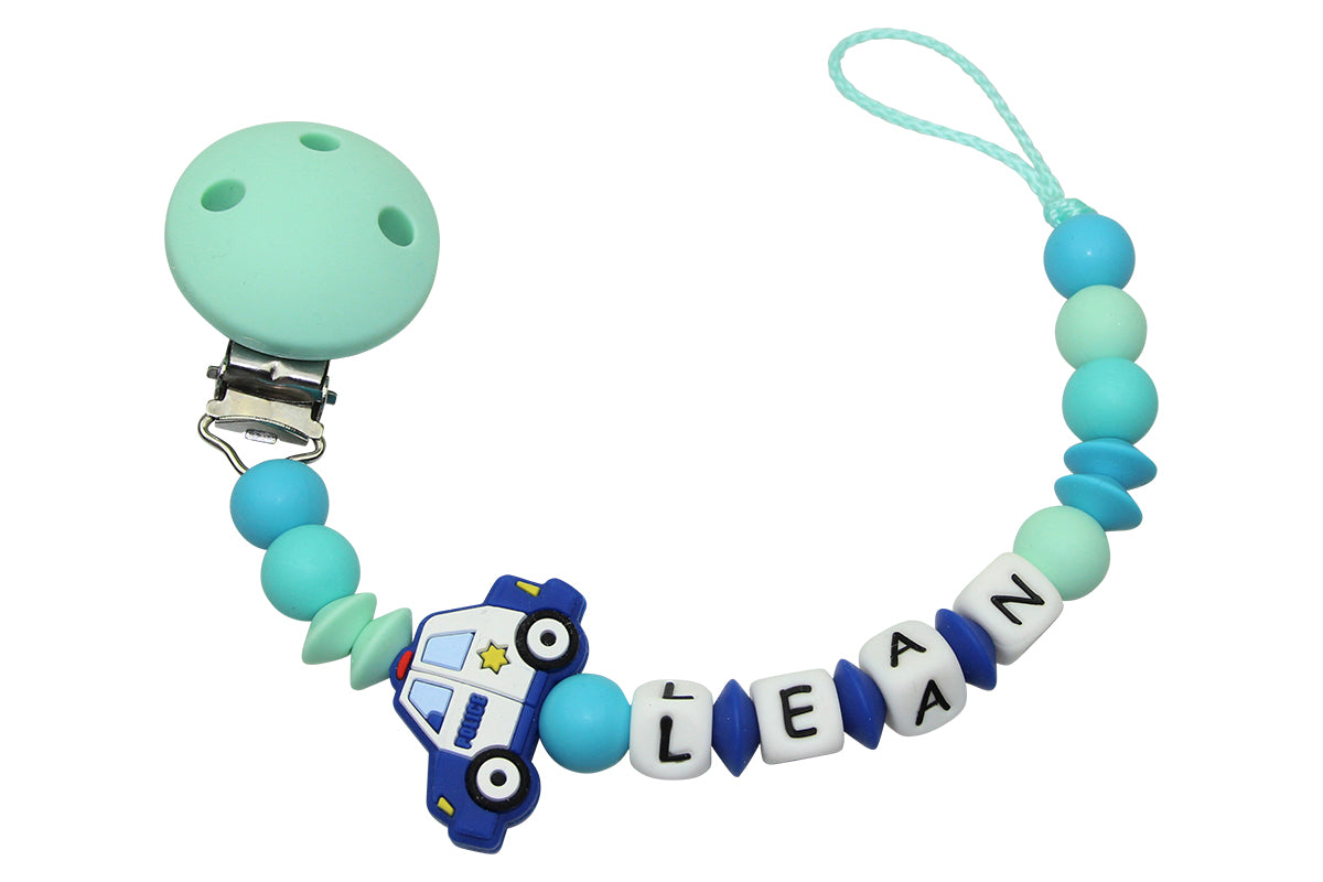 Silicone pacifier chain with name police car mint:scuba blue