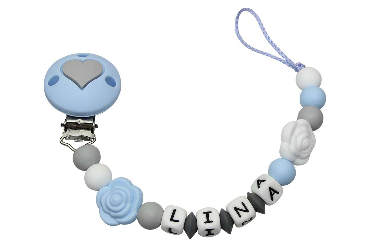 Silicone pacifier chain with name roses pastel blue:white