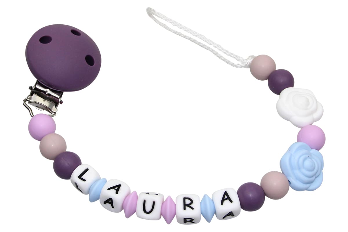 Silicone pacifier chain with name roses grape:pastel blue