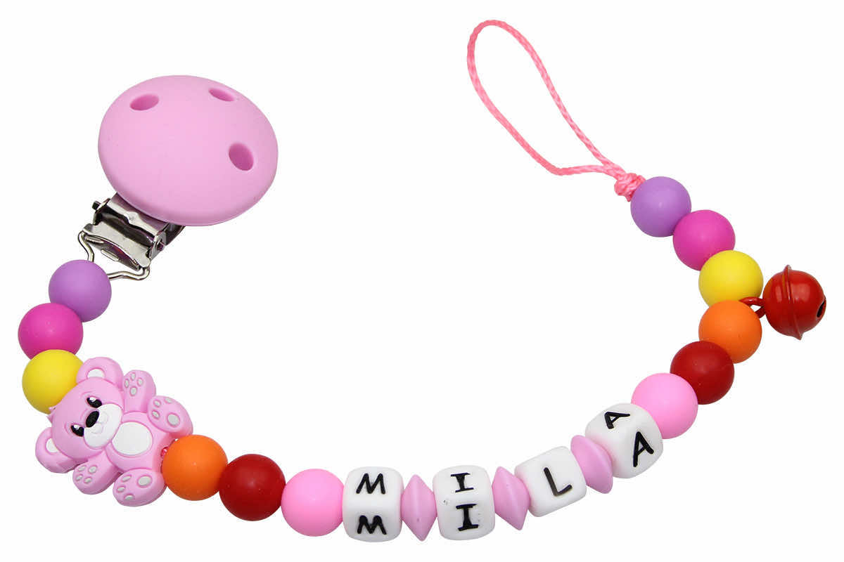 Silicone pacifier chain with name teddy bear soft pink