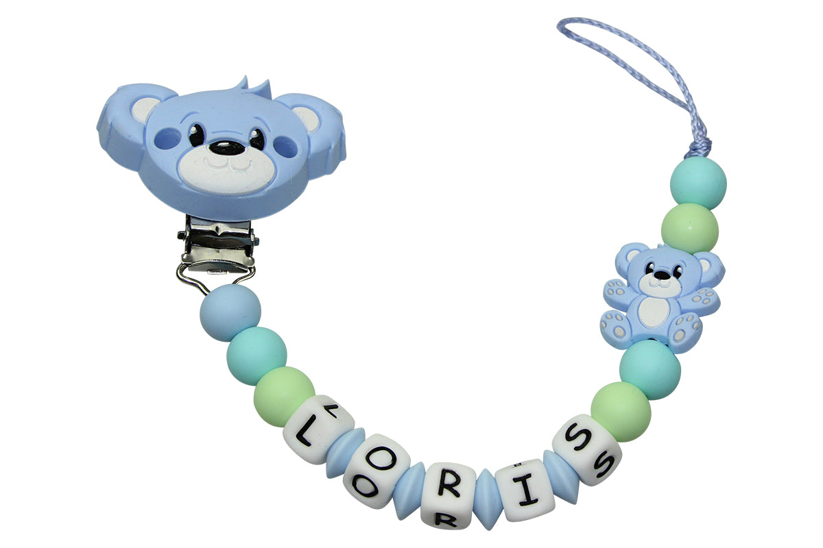 Silicone pacifier chain with name teddy clip pastel blue