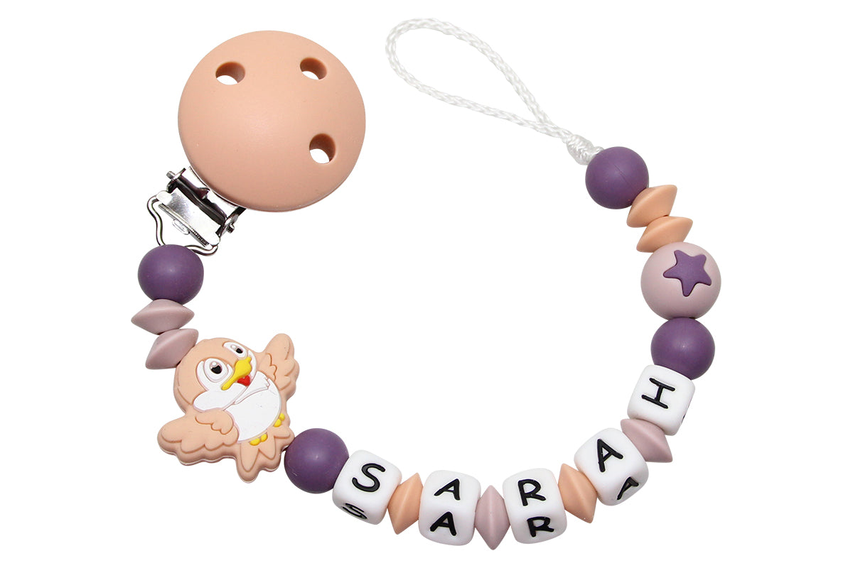 Silicone pacifier chain with name bird peach:grape