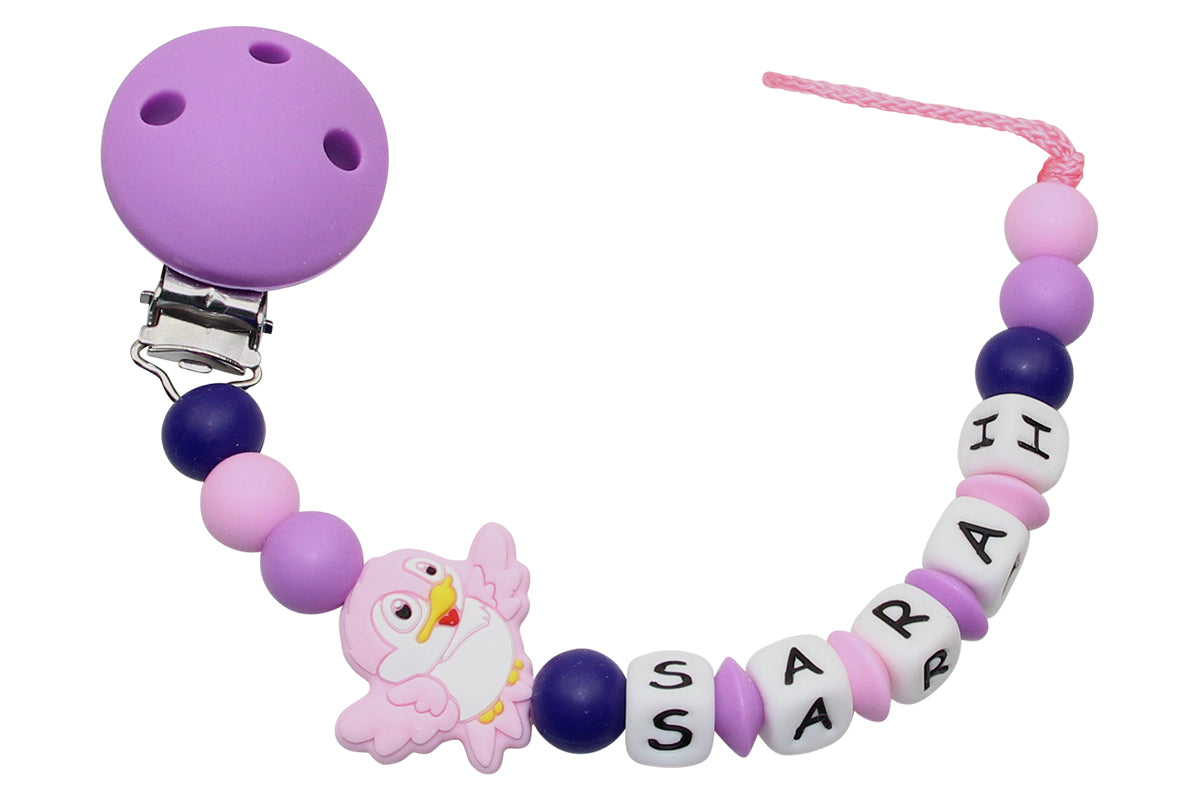 Silicone pacifier chain with name bird purple:pale pink