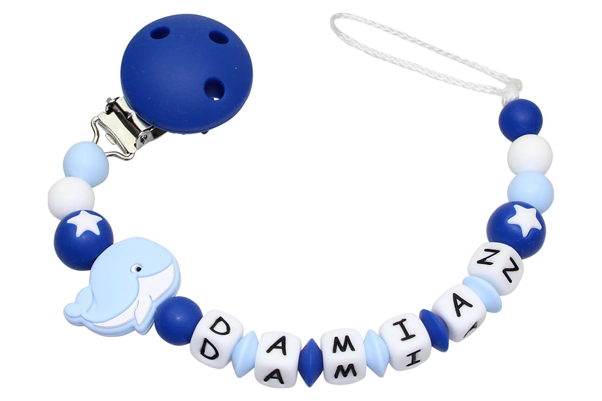 Silicone pacifier chain with name whale royal blue
