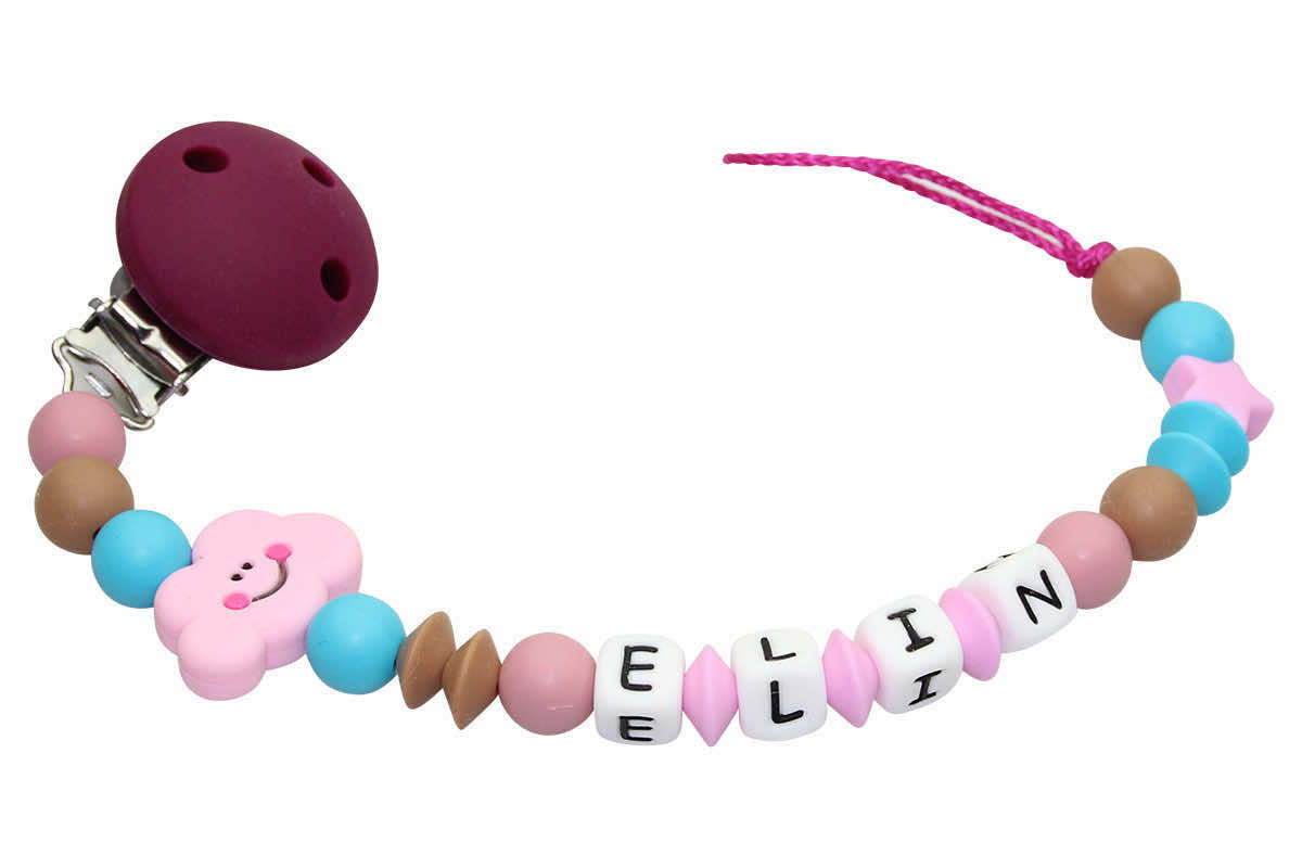 Silicone pacifier chain with name cloud red wine:pink