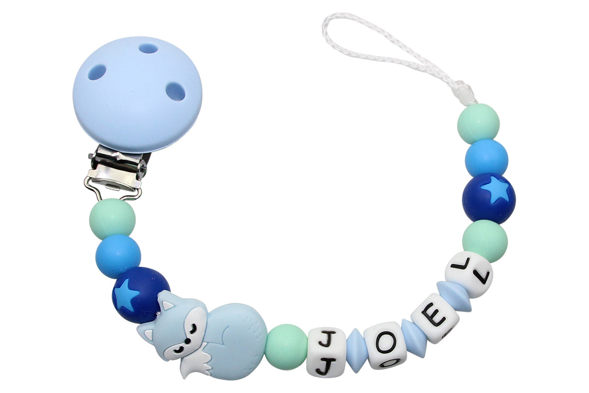 Silicone pacifier chain with name fox pastel blue:mint