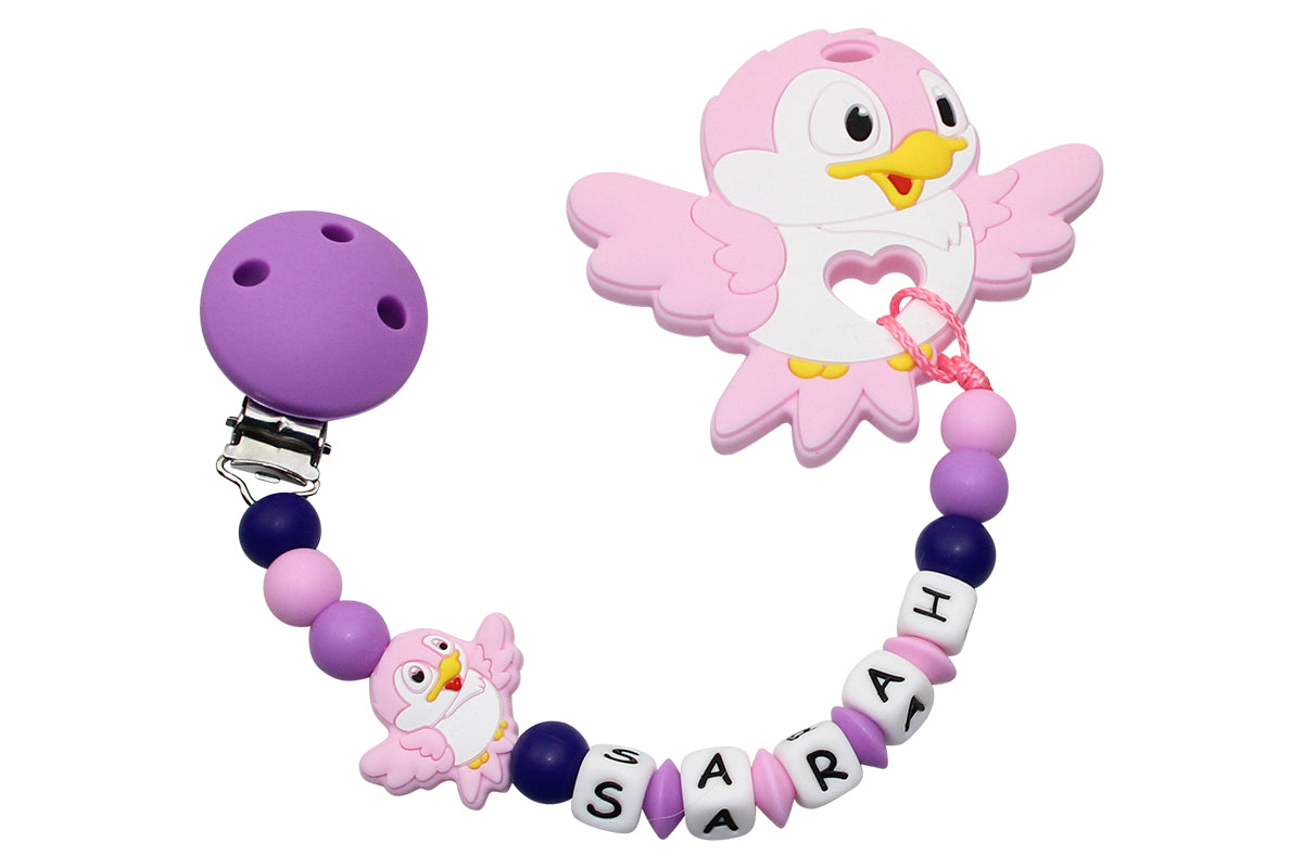 Silicone pacifier chain with name and bird pendant purple:pale pink