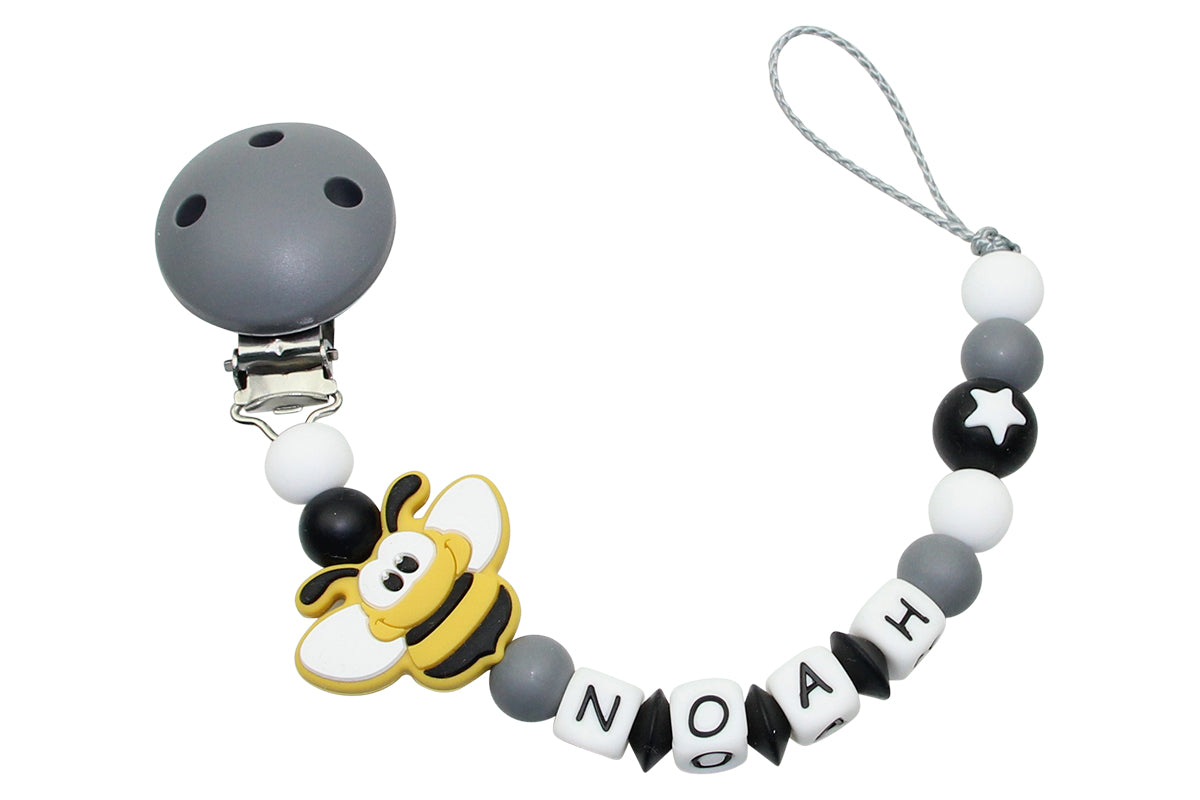 Silicone pacifier chain with name bee gray:black
