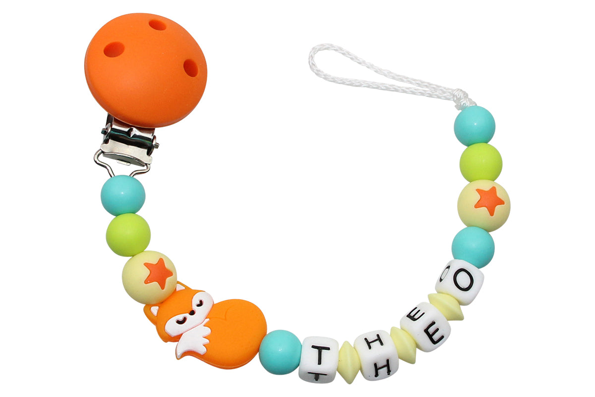 Silicone pacifier chain with name fox orange:turquoise