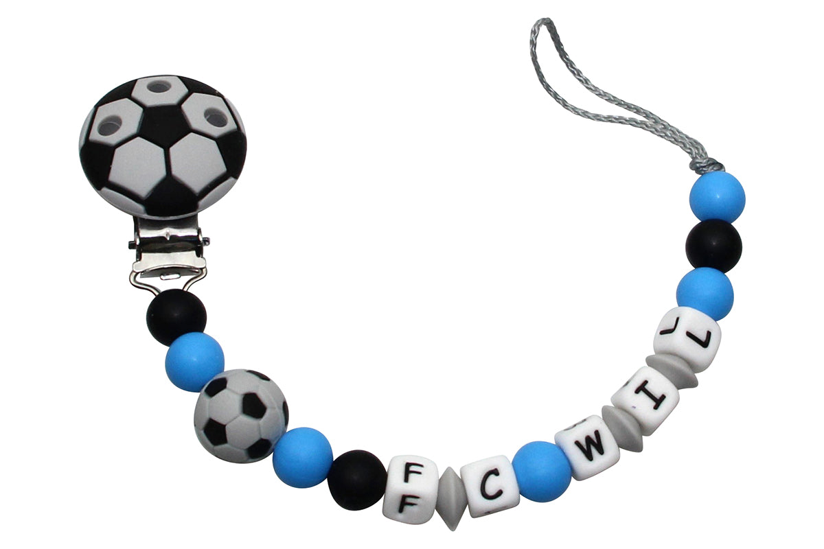 Silicone pacifier chain with name football light gray:light blue