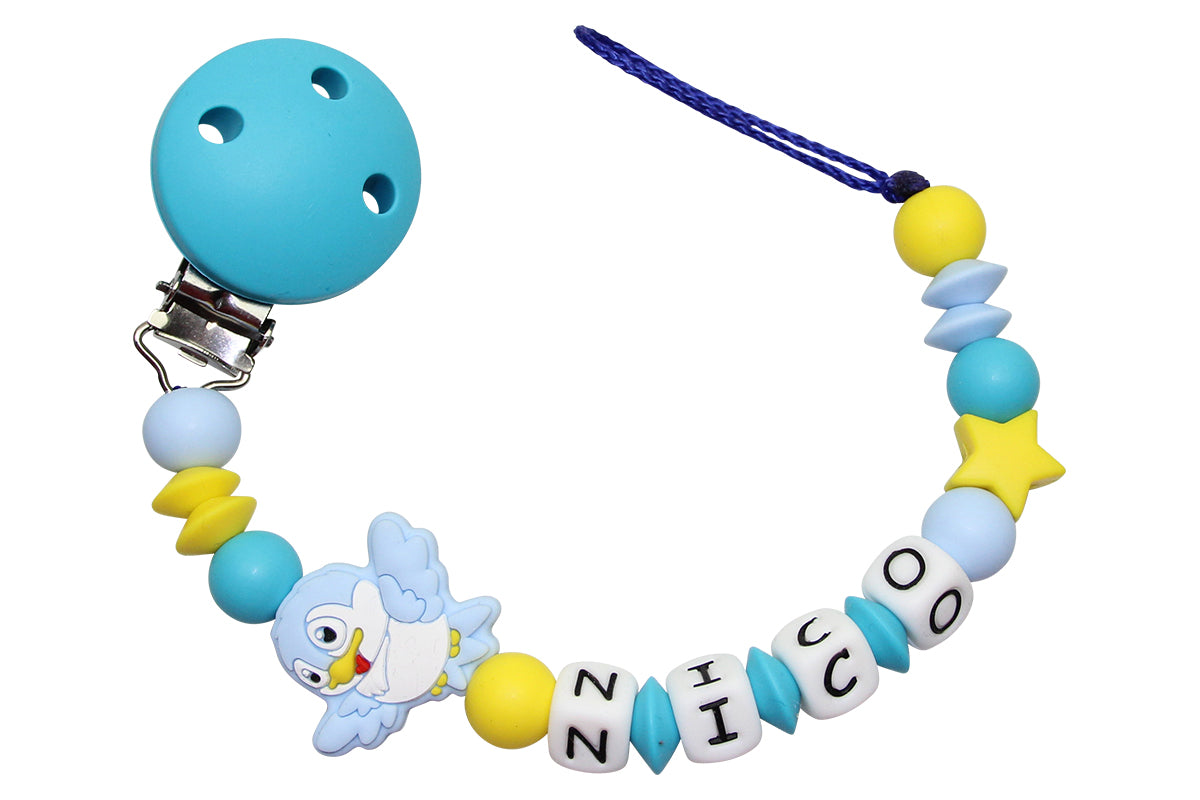 Silicone pacifier chain with name bird scuba blue:yellow