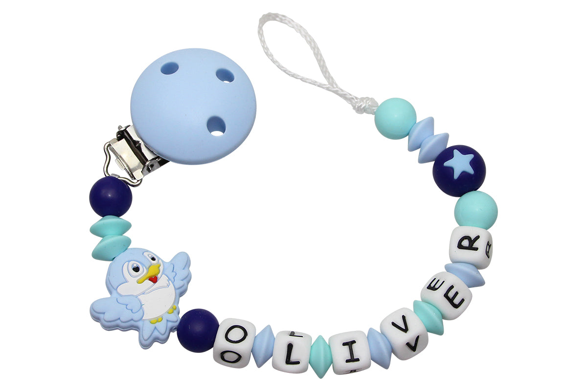 Silicone pacifier chain with name bird pastel blue