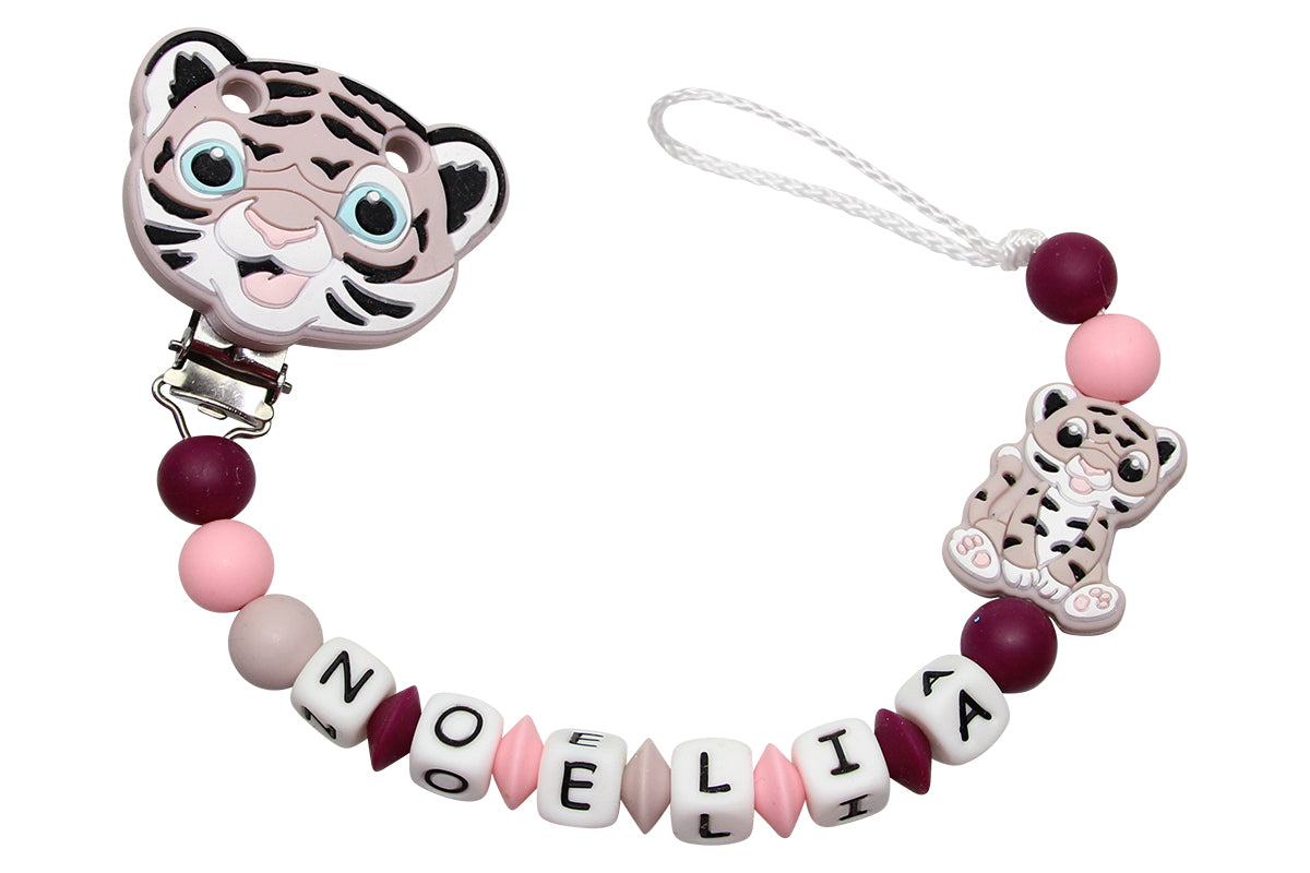 Silicone pacifier chain with name Tigerclip rose brown