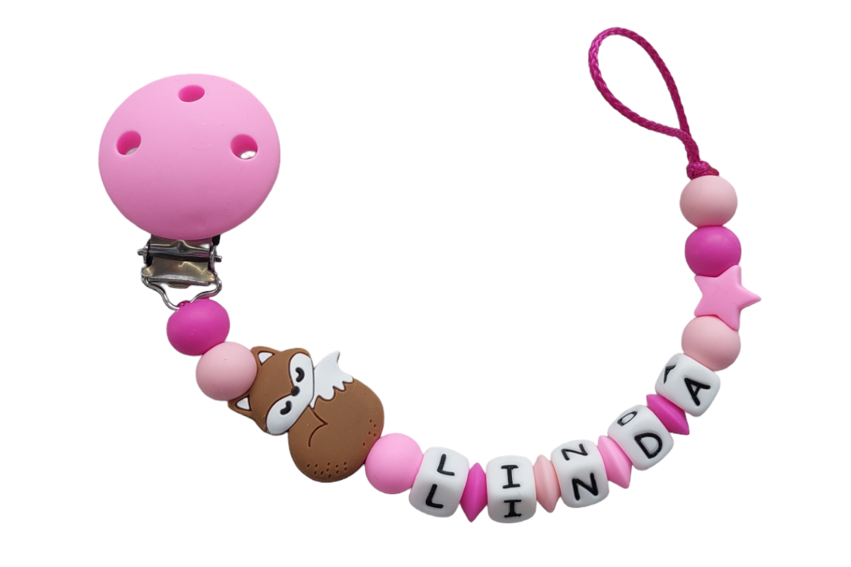 Silicone pacifier chain with name fox pink:camel