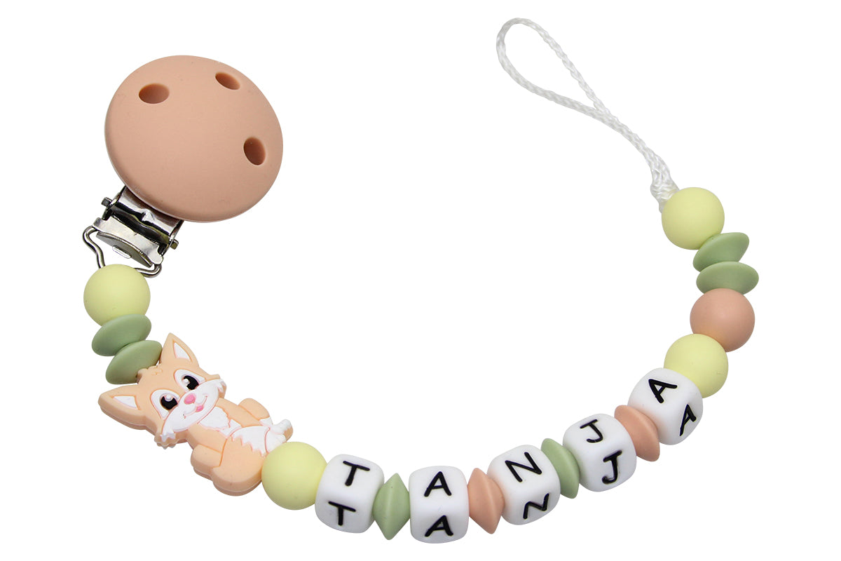 Silicone pacifier chain with name fox peach