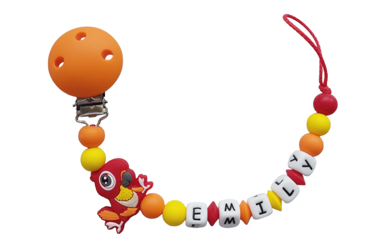 Silicone pacifier chain with name parrot orange:red