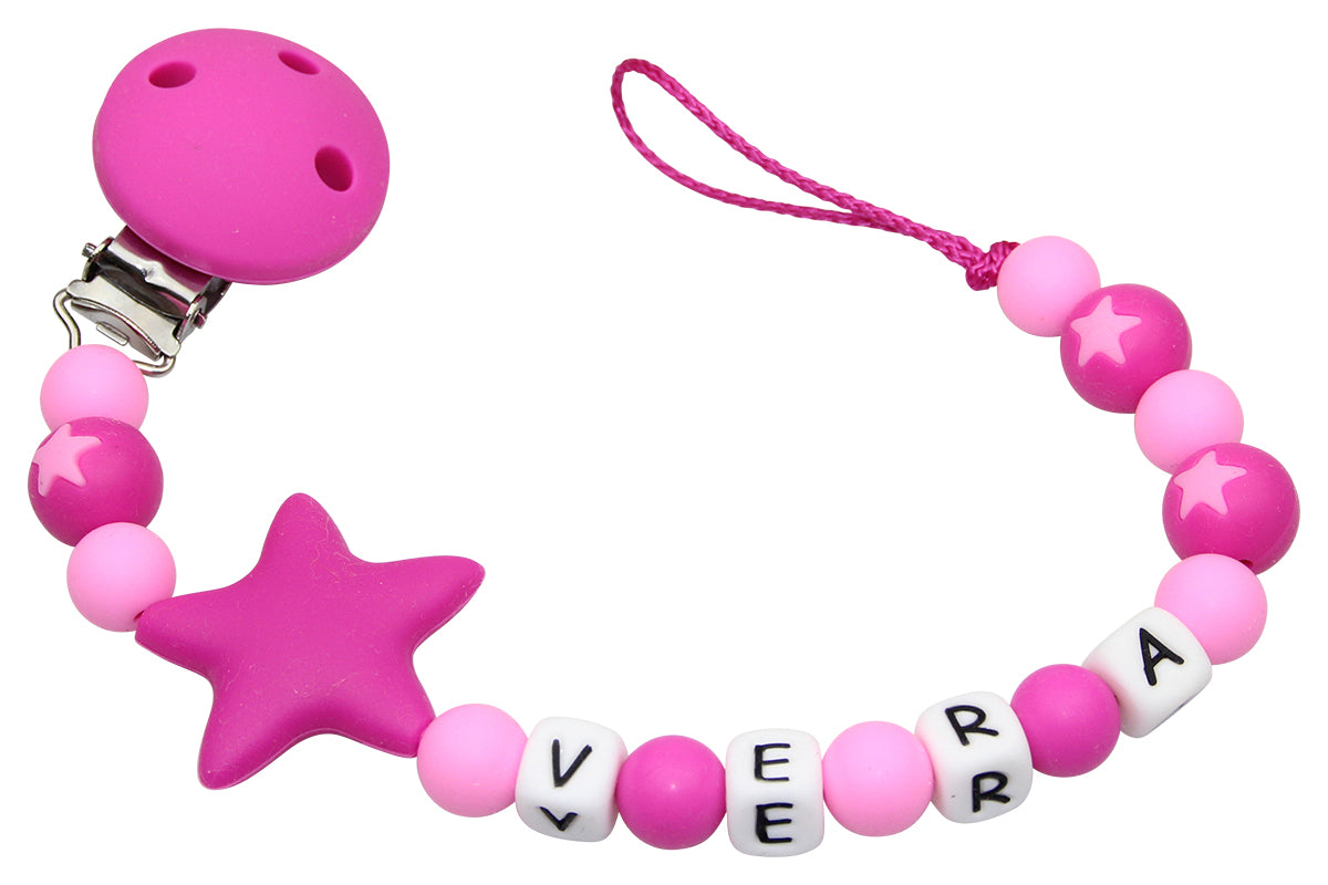 Silicone pacifier chain with name star dark pink:pale pink