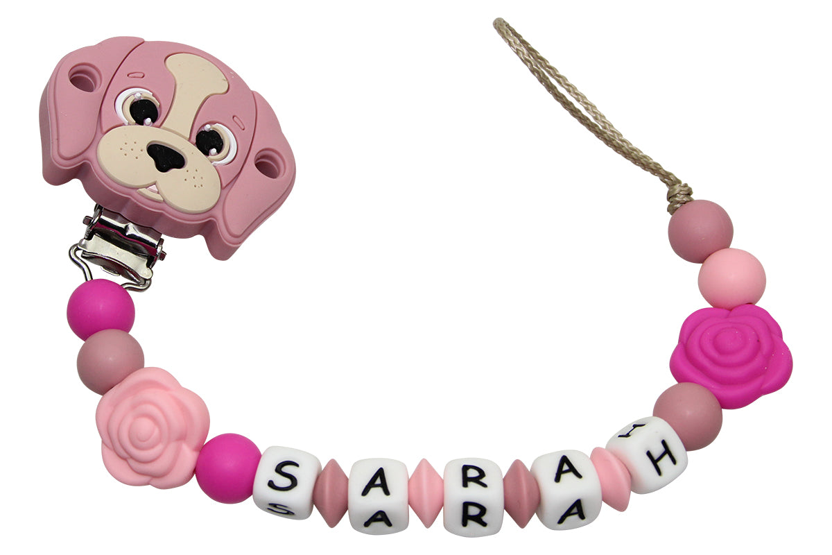 Silicone pacifier chain with name dog clip blush