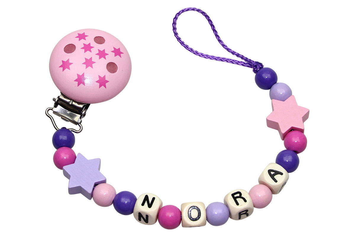 Nuggi chain with name star pastel pink:lilac