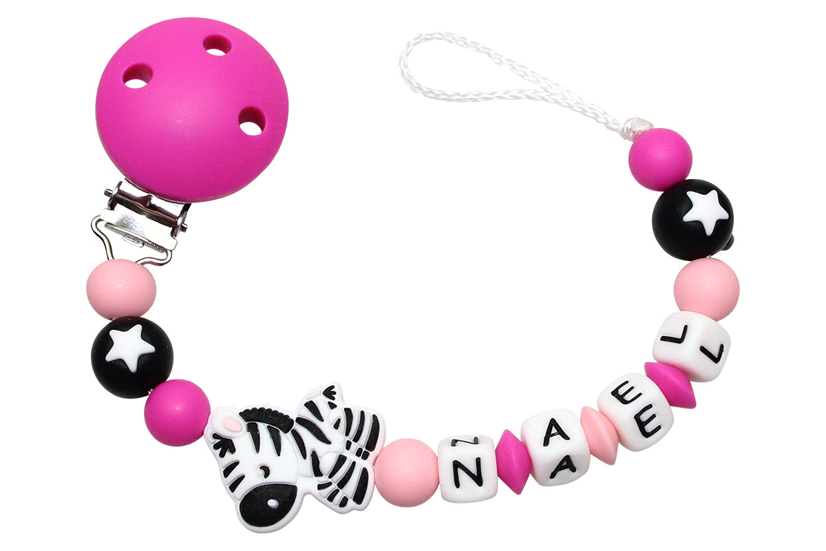 Silicone pacifier chain with name zebra dark pink
