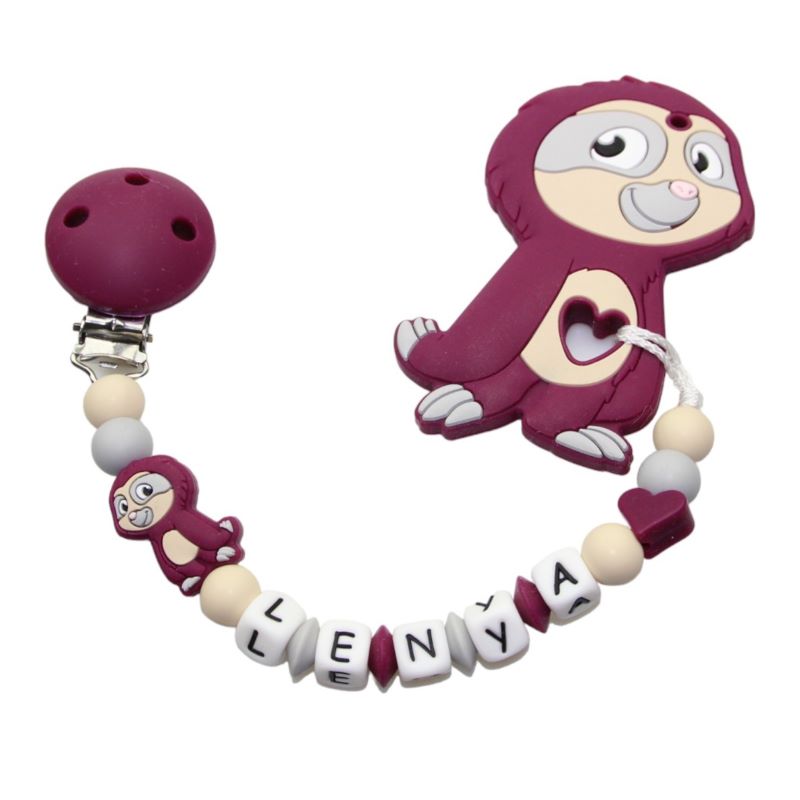 Silicone pacifier chain with name and pendant sloth red wine:beige