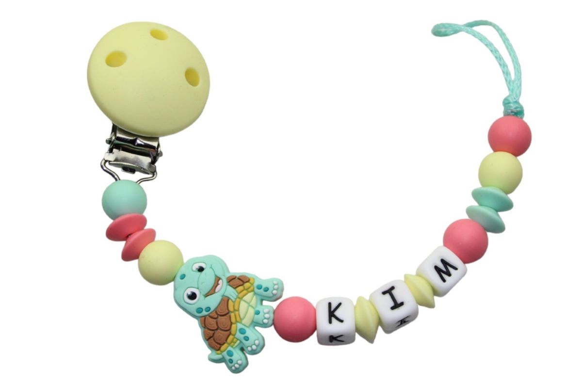 Silicone pacifier chain with name baby turtle pastel yellow:mint