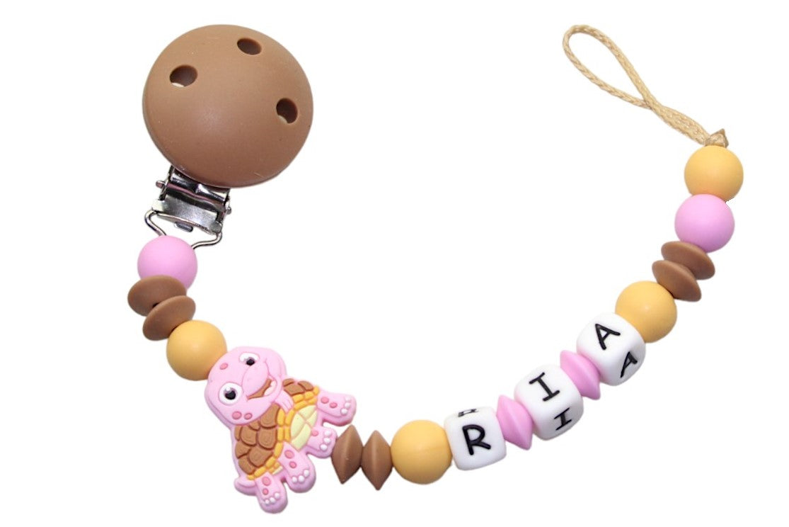 Silicone pacifier chain with name baby turtle camel:baby pink