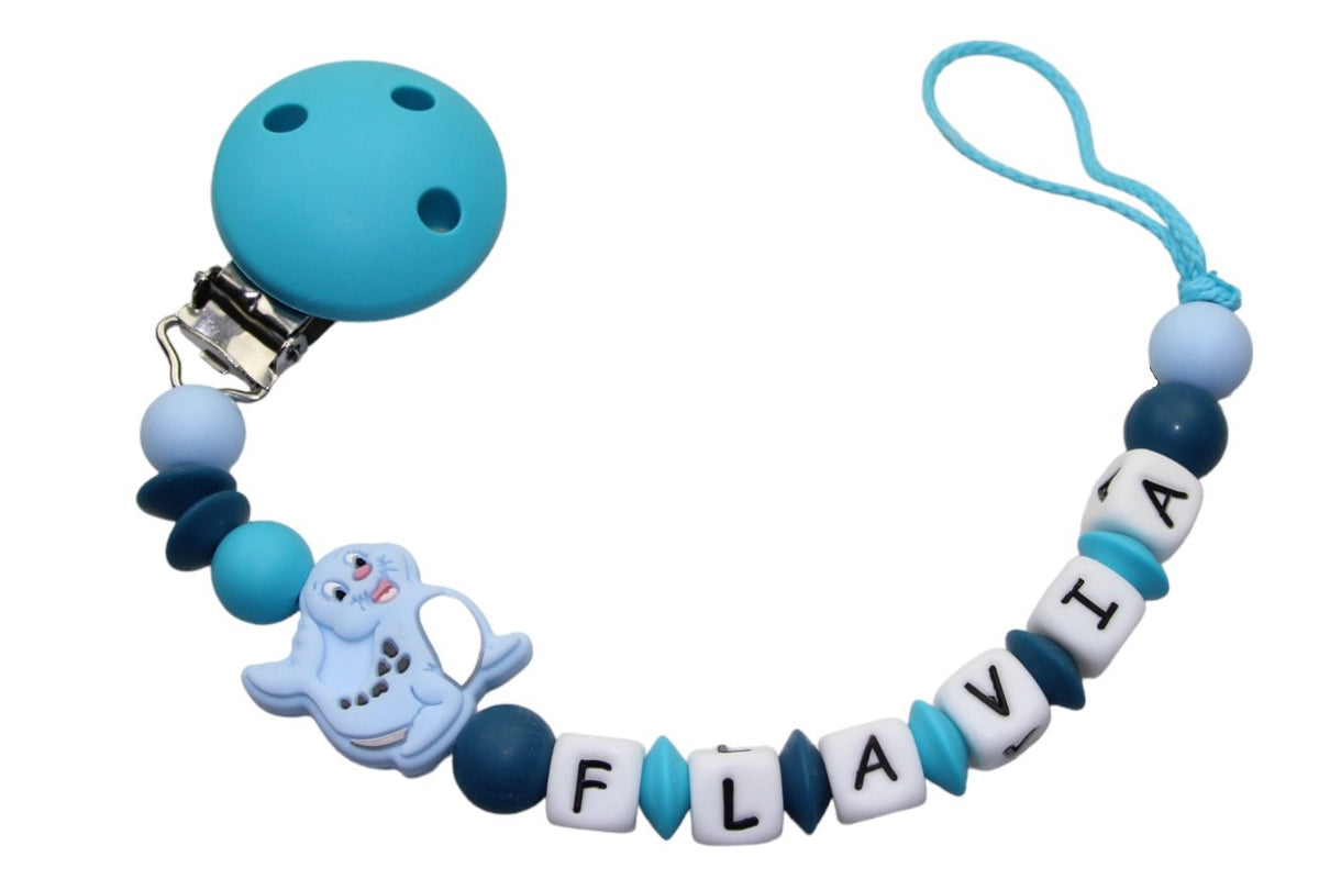 Silicone pacifier chain with name seal scuba blue:pastel blue