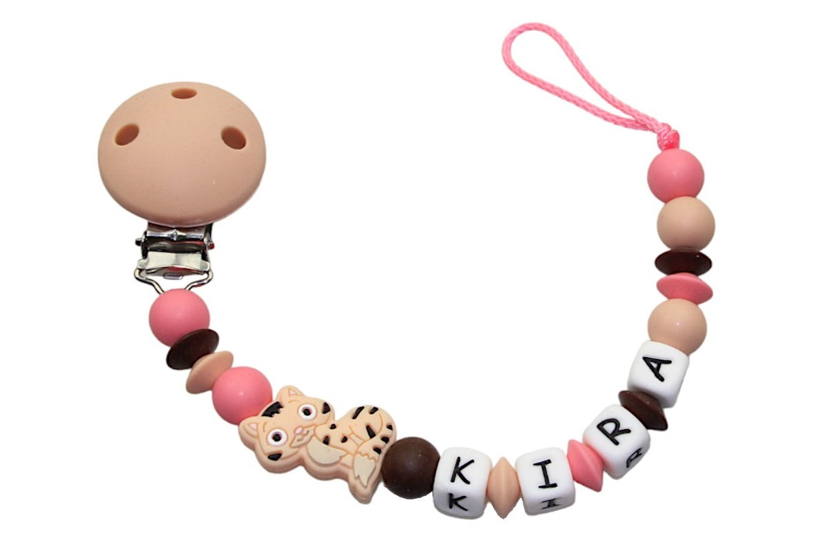 Silicone pacifier chain with name cat peach:salmon